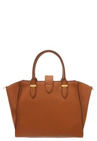 Brązowa strukturalna torebka z teksturowanej powierzchni, z podwójnymi uchwytami, złotymi detalami oraz zapięciem na zatrzask.