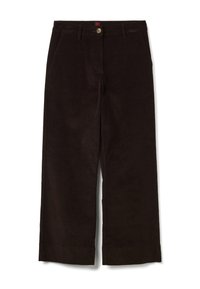 Braune Corduroy-Hosen mit weitem Bein, Knopfverschluss, vorderen Taschen und geradem Schnitt. Glatte Textur mit sichtbarem Cordmuster.