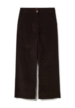 Bruine corduroy wijde broek met een knoopsluiting, voorzakken en een rechte snit. Gladde textuur met zichtbaar corduroypatroon.