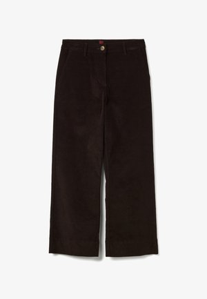 Bruine corduroy wijde broek met een knoopsluiting, voorzakken en een rechte snit. Gladde textuur met zichtbaar corduroypatroon.
