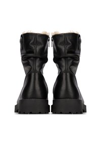 Botas de cuero negras hasta la rodilla con un forro suave parecido al pelo, que cuentan con un cierre de cremallera y una suela resistente y texturizada. Acabado liso y diseño ajustado.
