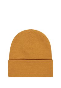 Berretto di maglia giallo senape con una texture morbida, bordo ripiegato e parte superiore senza cuciture, adatto per un look casual.
