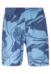 Jasnoniebieskie szorty sportowe z ciemnoniebieskimi abstrakcyjnymi wzorami i elastycznym paskiem w talii.