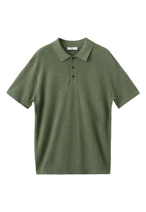 Olive green short-sleeve polo shirt with a collar and three dark buttons down the front placket.