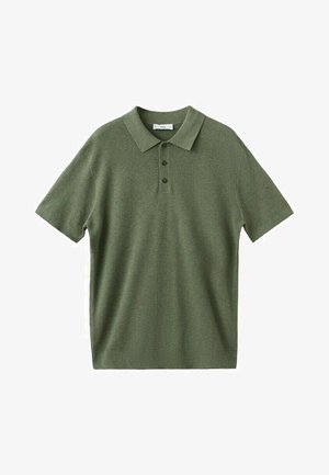 Olive green short-sleeve polo shirt with a collar and three dark buttons down the front placket.