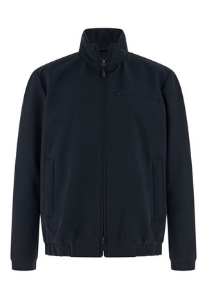 Giacca blu navy in tessuto morbido, con collo alto, cerniera frontale e due tasche laterali, polsini e orlo elasticizzati.