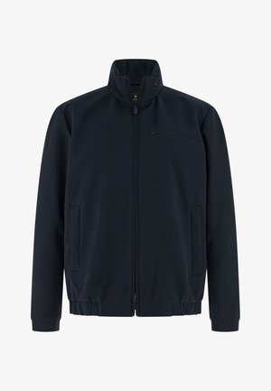 Giacca blu navy in tessuto morbido, con collo alto, cerniera frontale e due tasche laterali, polsini e orlo elasticizzati.