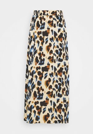 Leopardmönstrad midikjol i beige med svarta, blå och bruna fläckar; elastisk midja; slätt tyg med ett flödande design.