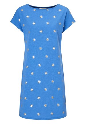 Blauwe jurk met korte mouwen en een losse pasvorm, voorzien van gouden cirkelvormige patronen over het gehele oppervlak en een ronde halslijn. Zachte stof met een gladde textuur.