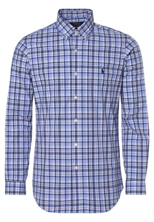 Lichtblauw, marineblauw en wit geruit shirt met lange mouwen, knopen op de voorkant, een knoopsluiting bij de kraag en een geborduurd logo op de linkerborst.