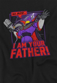 Purple cartoon character in a black shirt, wearing a red cape, holding a laser gun. Text reads "NO, BUZZ... I AM YOUR FATHER!" in bold red letters.