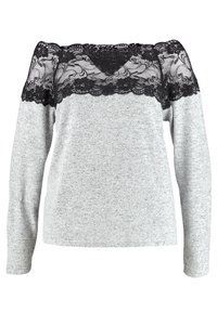 Top grigio a maniche lunghe con scollo nero in pizzo a spalle scoperte e tessuto morbido e strutturato con un motivo sottile.