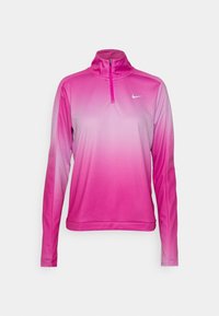Pullover rosa a maniche lunghe con collo alto, caratterizzato da un design gradient dal rosa scuro al rosa chiaro e un piccolo logo bianco sul petto.