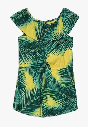 Gelber und grüner tropischer Blattdruck-Overall mit schulterfreiem Schnitt, gerafftem Ausschnitt und elastischer Taille für Mädchen.