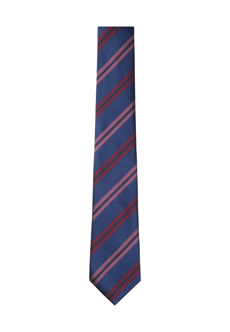Cravate bleue avec des rayures diagonales en rouge foncé et rose. Texture tissée avec une coupe étroite et une pointe.