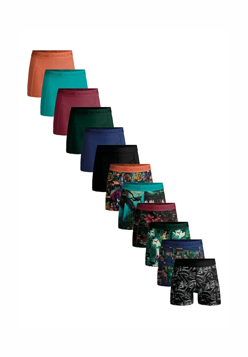 Herrenboxershorts in verschiedenen Farben, darunter einfarbige und gemusterte Designs. Sie bieten ein weiches Material und elastische Taillenbünde in kontrastierenden Farben.