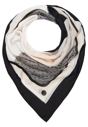 Écharpe triangulaire noire, blanche et beige avec des motifs à pois et à rayures, disposée en boucle circulaire.