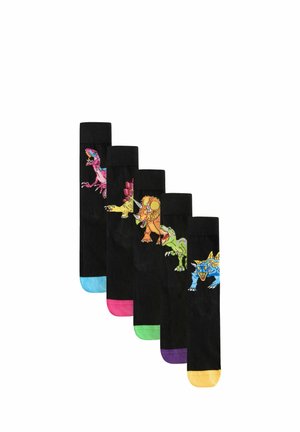 Fünf Paar schwarze Socken mit bunten Dinosaurier-Designs und unterschiedlich farbigen Zehen in Blau, Pink, Grün, Lila und Gelb.