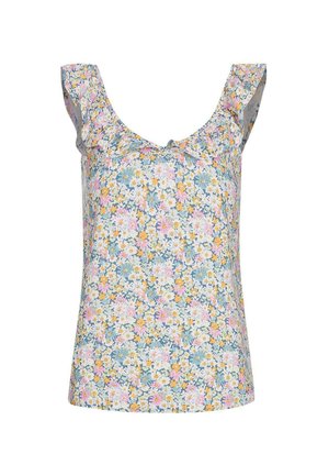 Haut sans manches fleuri avec des épaules froncées, présentant un fond bleu clair, de petites fleurs jaunes, roses et blanches, et un tissu doux et texturé.