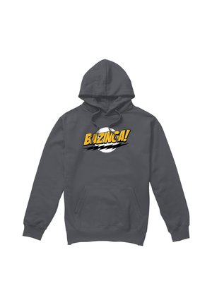 Dark gray hooded sweatshirt with front pocket and yellow comic-style "BAZINGA!" text over a white circle and black lightning bolt design.