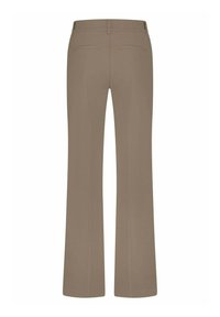Beige broek met een uitlopend ontwerp, gladde textuur en twee achterzakken, met een tailleband en een nette afwerking.