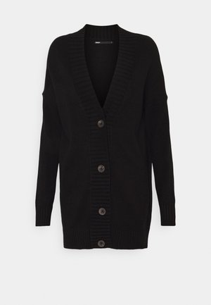 Black cardigan with a V-neck, ribbed texture, button closure, and long sleeves. Features five large dark buttons along the front.