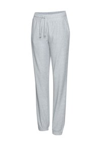 Gai pelēki treniņbikšu izgatavoti no mīkstas kokvilnas, ar elastīgu jostu ar auklu, ribota apakšmala un brīvgais fit.