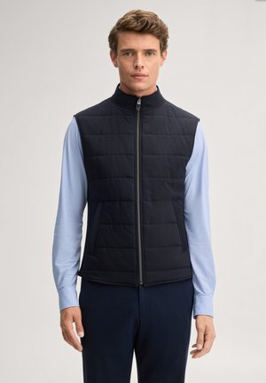 Man die een zwarte doorgestikte mouwloze bodywarmer draagt over een lichtblauw overhemd met lange mouwen, staande tegen een effen lichte achtergrond.