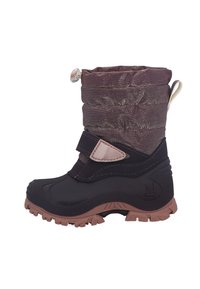 Botte d'hiver noire et violette avec un dessus matelassé et brillant, une bande velcro et une semelle à motifs. Comprend un réglage par toggles pour un ajustement personnalisable.