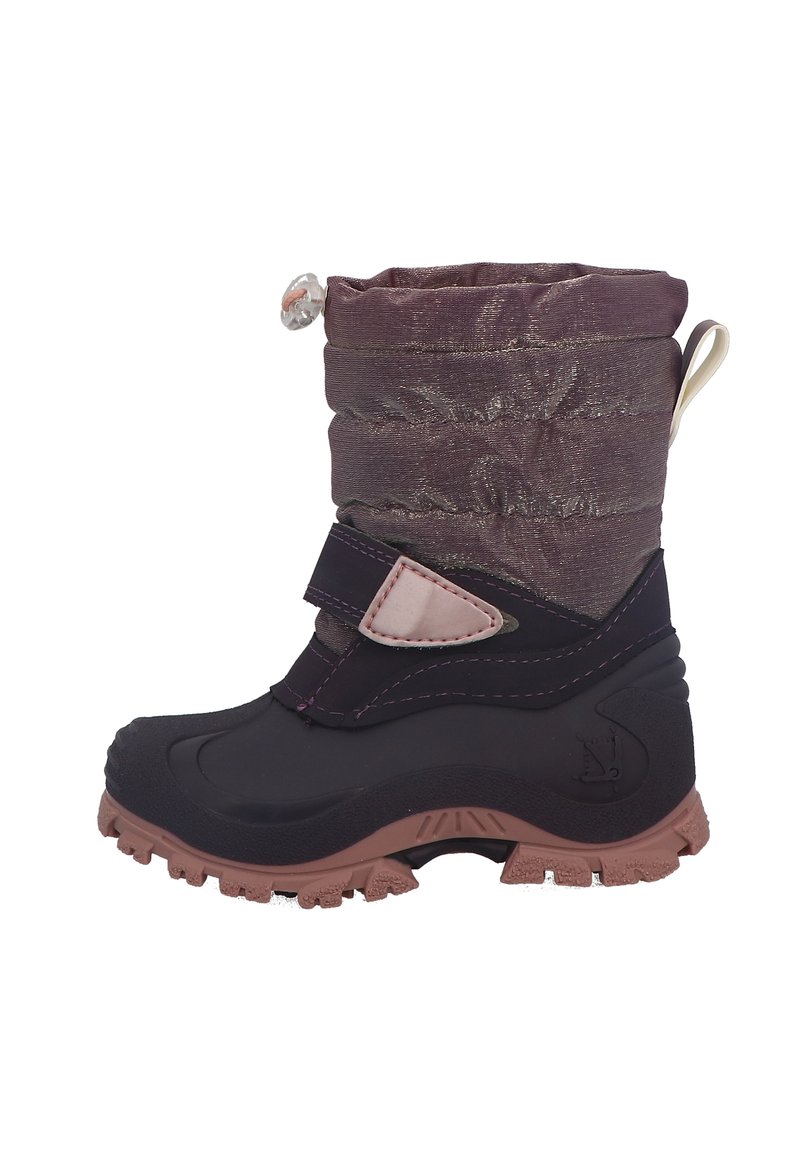 Botte d'hiver noire et violette avec un dessus matelassé et brillant, une bande velcro et une semelle à motifs. Comprend un réglage par toggles pour un ajustement personnalisable.