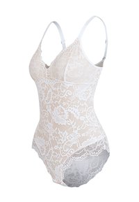 Krajkové body v bílé barvě s květinovým vzorem, nastavitelné ramínka, průsvitná textura a vroubkovaný lem. Měkká, lehká látka s hladkým povrchem.