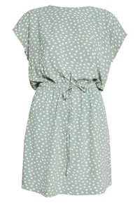 Lyhythihainen mekko vaaleanvihreästä kankaasta, jossa on valkoisia soikeita pilkkuja. Mekko on vyötäröltä kuminauhalla tiivistetty ja siinä on solmittava nauha hyvän istuvuuden saavuttamiseksi.