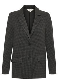 Blazer su misura grigio scuro con un sottile motivo a quadri, rever a picco, tasche frontali e due bottoni. Realizzato in tessuto texturizzato.