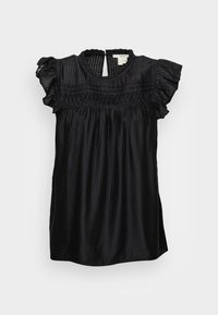 Blusa nera con maniche corte arricciate, texture plissettata, scollatura rotonda e apertura a chiave sul retro. Tessuto leggero con una leggera lucentezza.