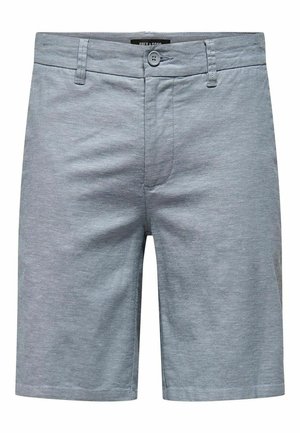 Bermudas de algodón gris con un frente plano, dos bolsillos delanteros y un botón de cierre. Textura suave con un sutil patrón jaspeado.