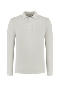 Langärmliges Poloshirt in Hellgrau, gerippte Textur, Knopfleiste mit drei Knöpfen, flach gestrickter Kragen und enganliegende Säume. Weicher, atmungsaktiver Stoff.