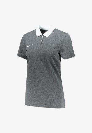 Graues Polo-Shirt aus strukturiertem Stoff, mit einem weißen Kragen, drei Knöpfen und einem kleinen weißen Logo auf der linken Brust.
