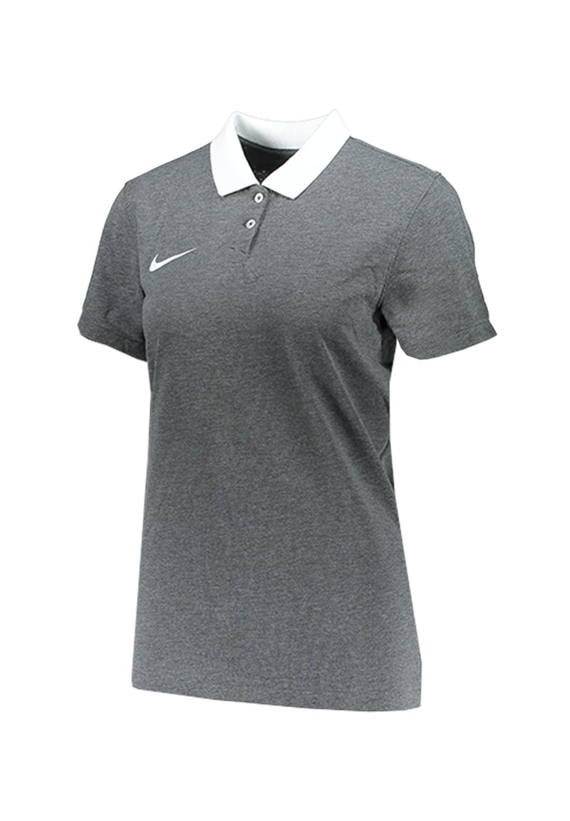 Polo grigio realizzato in tessuto texturizzato, con colletto bianco, tre bottoni e un piccolo logo bianco sul lato sinistro del petto.