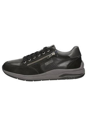 Baskets en cuir noir avec des accents gris, des lacets et une fermeture éclair sur le côté. Comprend un design perforé et une semelle texturée pour l'adhérence.