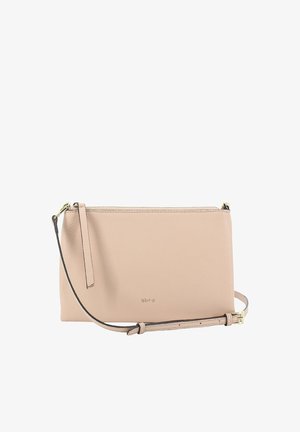 Beige Leder-Umhängetasche mit goldfarbenen Beschlägen, verstellbarem Riemen, Reißverschluss und kleinem, geprägtem Markennamen "abro" auf der Vorderseite.