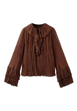 Blouse marron à manches longues avec tissu plissé, grand col à volants noué à l'avant et poignets à volants superposés.