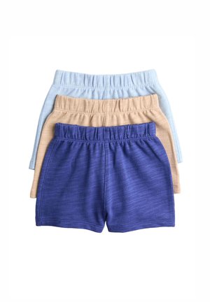 Drei Paar gefaltete Shorts mit elastischem Bund in Blau, Beige und Hellblau, übereinander auf einem weißen Hintergrund angeordnet.
