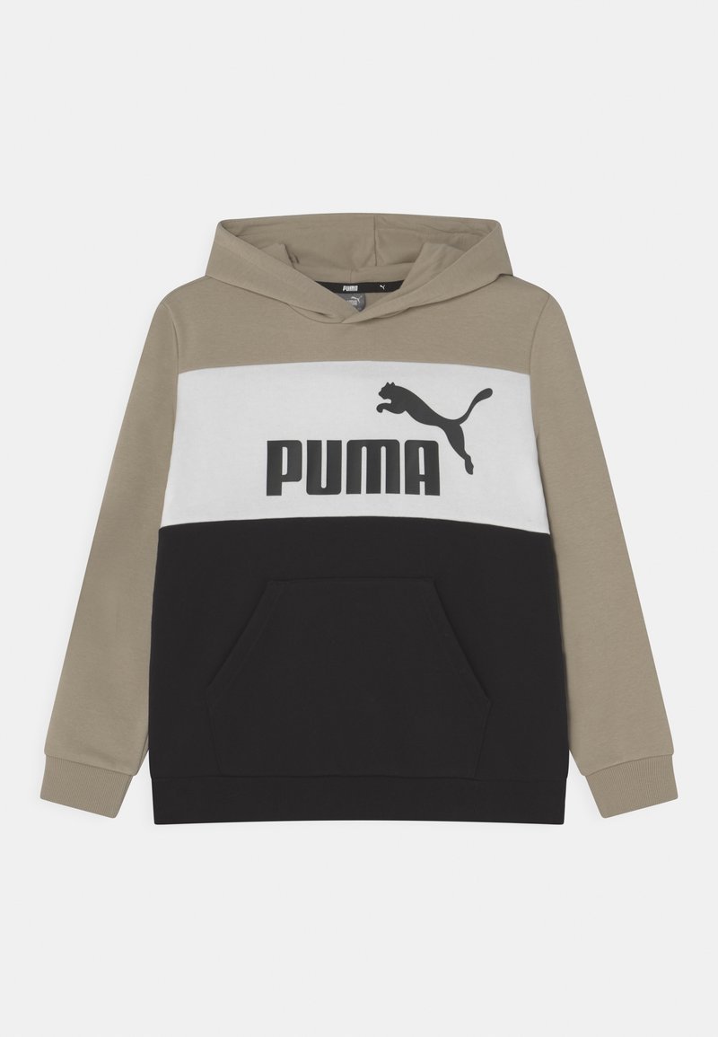 Felpa con cappuccio caratterizzata da una parte superiore beige, una striscia bianca e una parte inferiore nera. Grande logo nero "PUMA" sul davanti con tasca a marsupio.