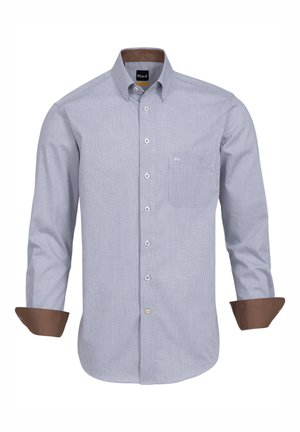 Camicia a maniche lunghe con un motivo a quadri blu e bianchi; dettagli marroni sui polsini e sul colletto. Presenta una tasca sul petto e chiusura con bottoni standard.