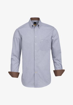 Button-up Hemd mit kariertem Muster in Blau und Weiß; braune Akzente an den Manschetten und dem Kragen. Verfügt über eine Brusttasche und eine Standardknopfleiste.