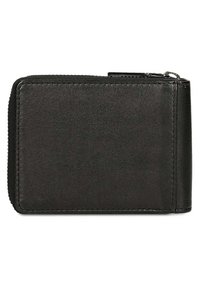 Portafoglio in pelle nera con una texture liscia, chiusura zip sulla parte superiore e bordi cuciti. Forma compatta e rettangolare, adatta per carte e banconote.