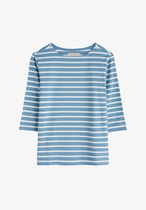 Blauw-wit gestreept shirt met driekwartmouwen en een ronde hals, label met de tekst Seasalt Cornwall.