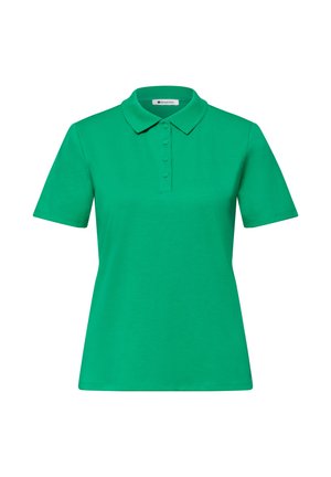 Groen polo t-shirt met korte mouwen, knoopsluiting en klassieke kraag, getoond op een witte achtergrond.