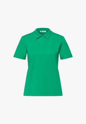 Grøn kortærmet polo med knapplade og klassisk krave, vist på hvid baggrund.