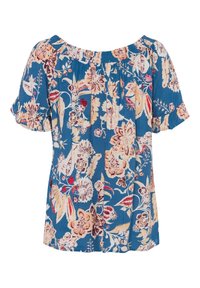 Modrý květinový top s krátkými volánkovými rukávy, pružným výstřihem, s kombinovaným vzorem růžových a krémových květin na modrém pozadí.